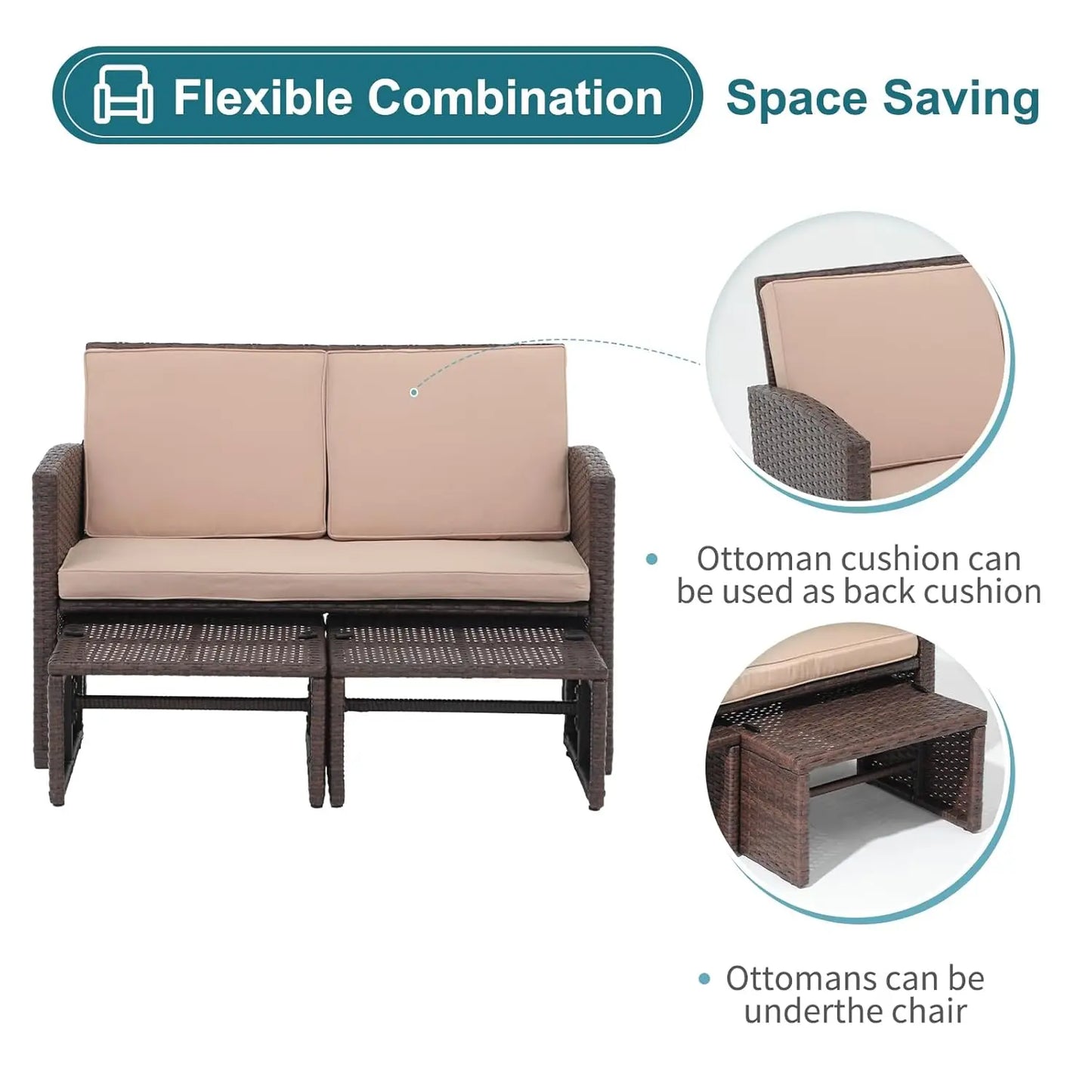 Outdoor 3 Piece Patio Conversation Set Wicker Loveseat Ottoman