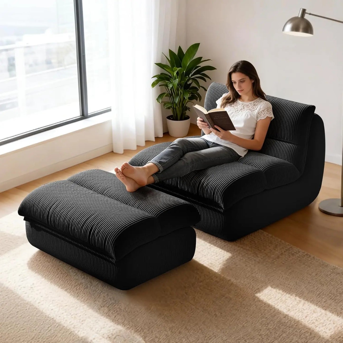 Corduroy Memory Foam Bean Bag Lounge Chair With Ottoman