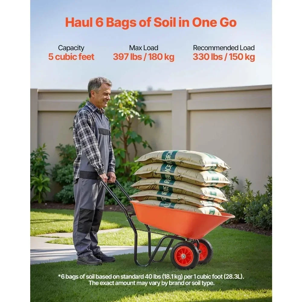 Garden Wheelbarrow With Dual Wheels Foldable Wagon 5 Cu Ft 397 Lb Capacity