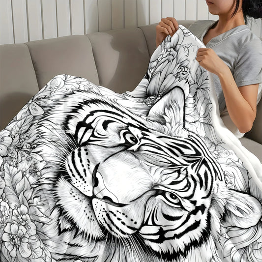 Tiger Floral Coloring Flannel Blanket All Season Bedspread Sofa