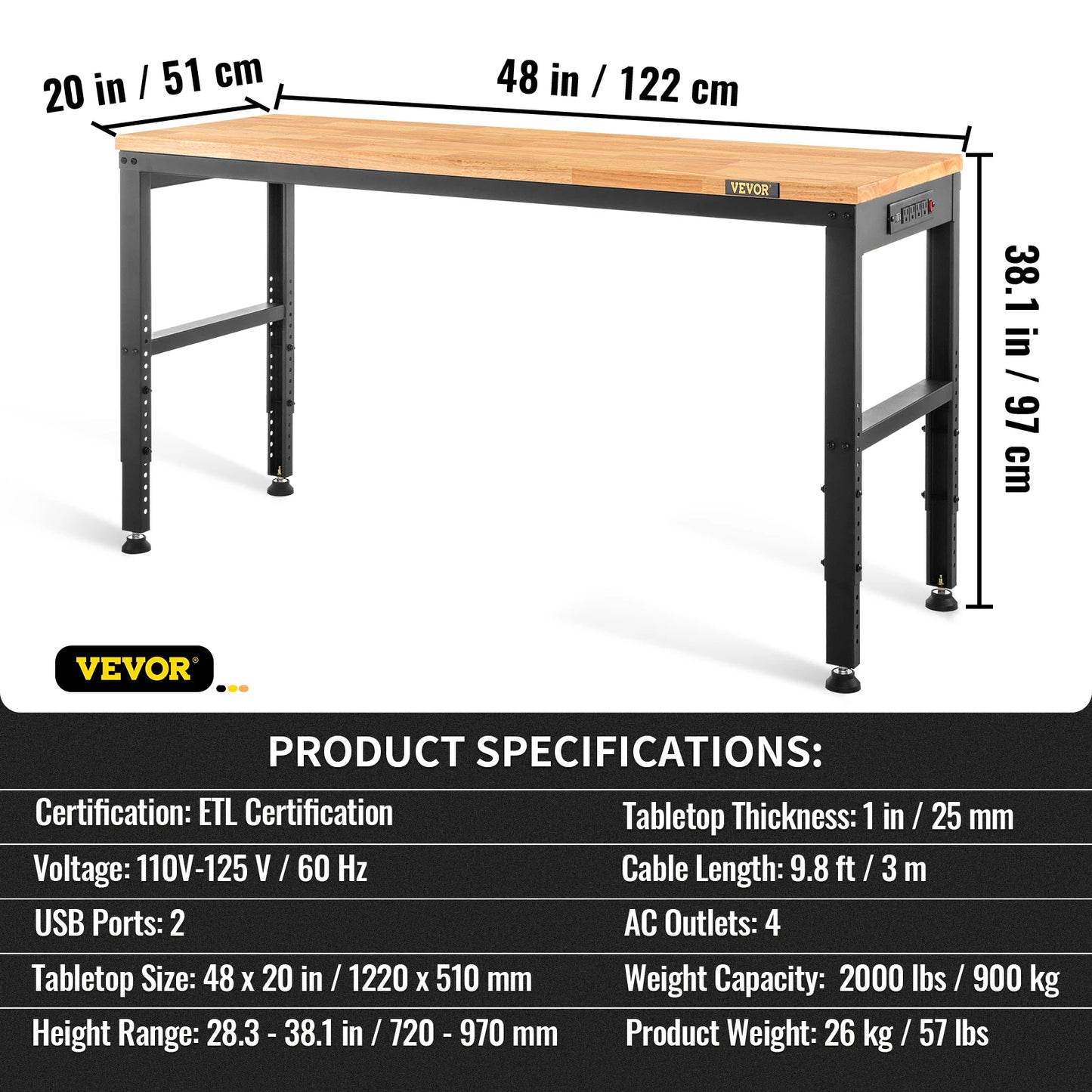 Heavy Duty Adjustable Height Woodworking Workbench With Oak Wood Top