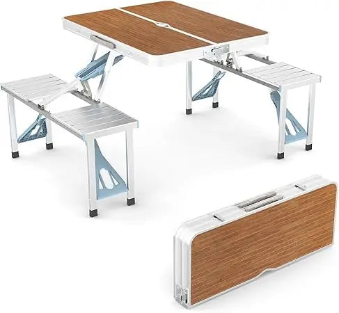 4Ft Folding Camping Picnic Table with Seats/Umbrella Hole-265 Lbs Support That Lightweight and Fold Up Card Suitcase Table Alum