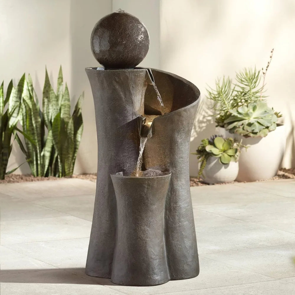 Modern Sphere Curve Zen Outdoor Floor Bubbler Water Fountain 39 1/2" High with LED Light Cascading for Garden Patio Yard Deck Ho
