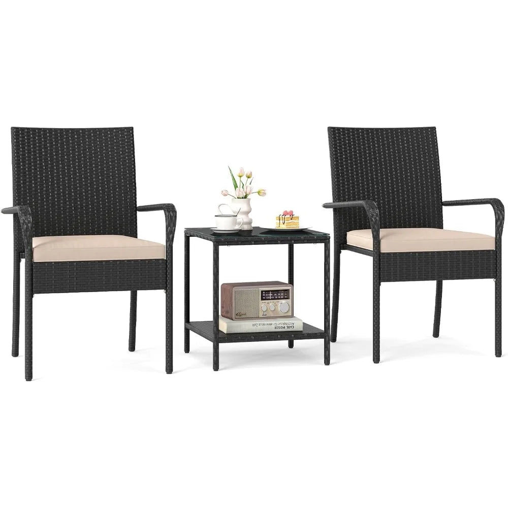 Three Piece Patio Rattan Conversation Set With Glass Table