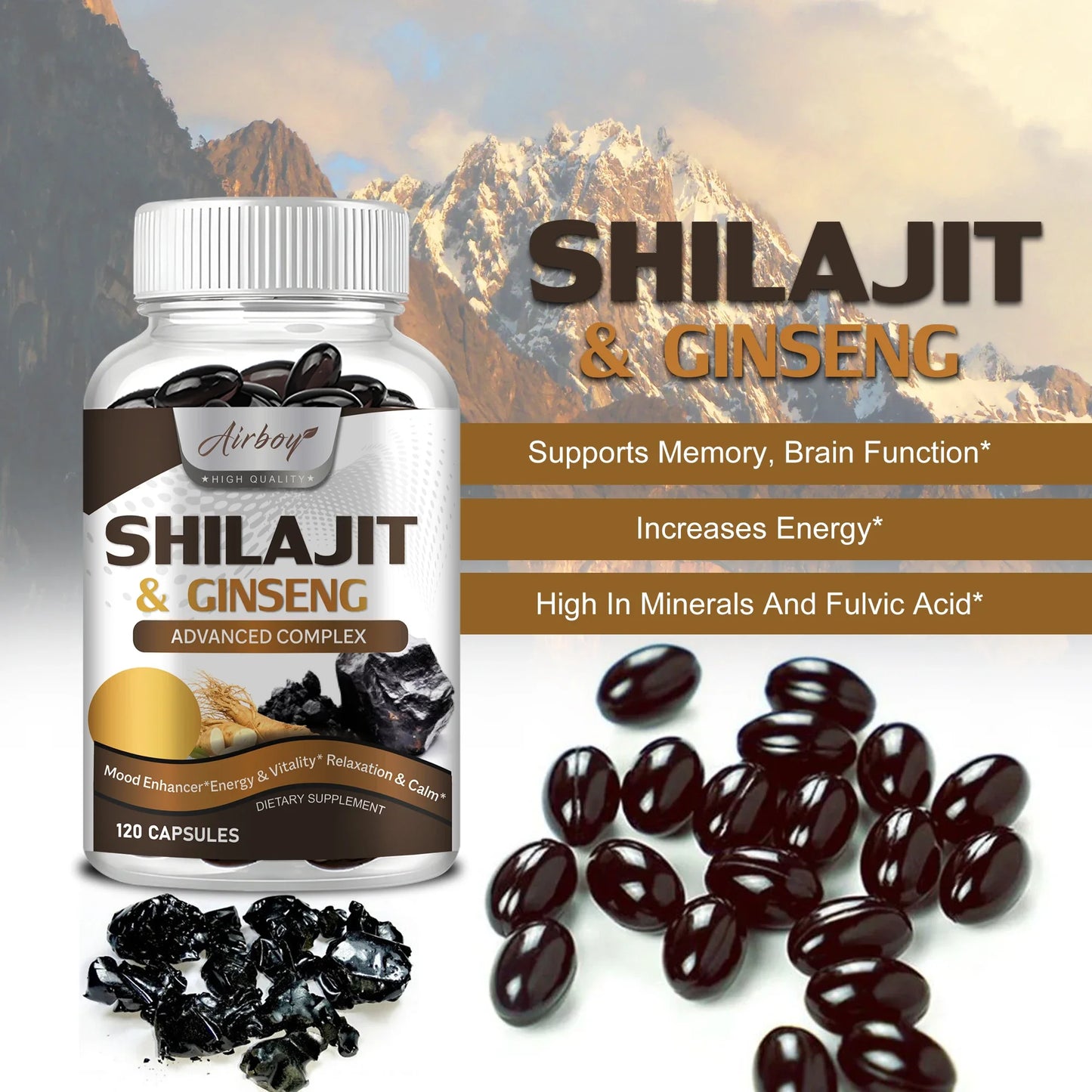 Airboy Shilajit and Ginseng Supplement for Energy and Immunity