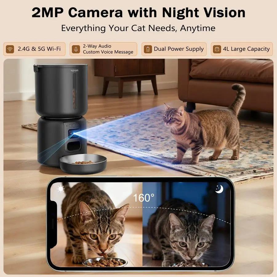 Automatic Cat Feeder With Camera Night Vision Dual Power