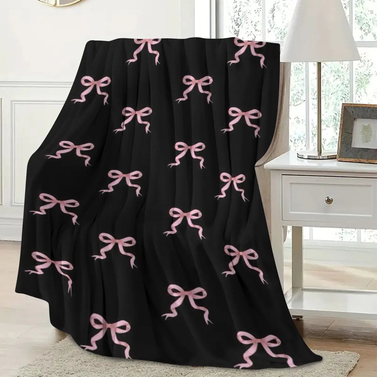 Cozy Bow Blanket Soft Flannel Throw for Sofa and Travel