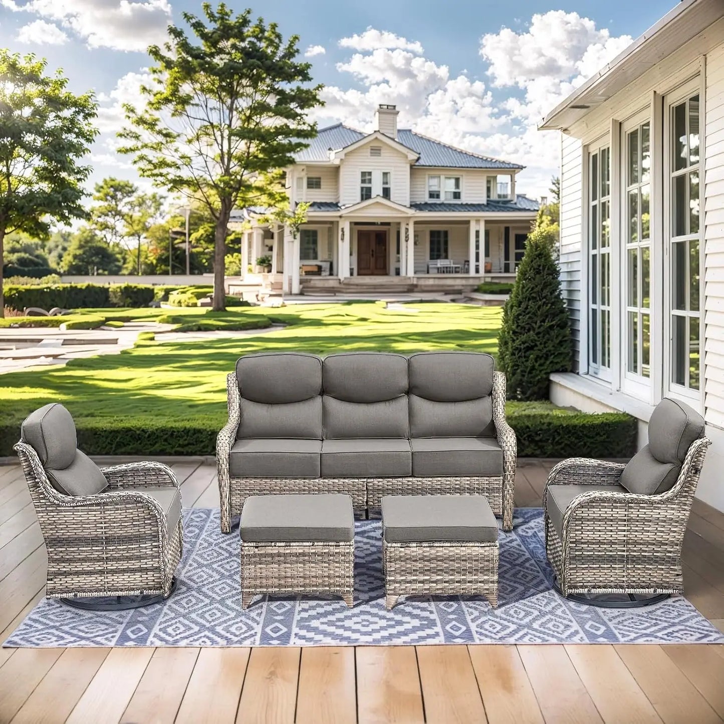 Wicker Outdoor Patio Furniture Set With Deep Seat Swivel Chairs