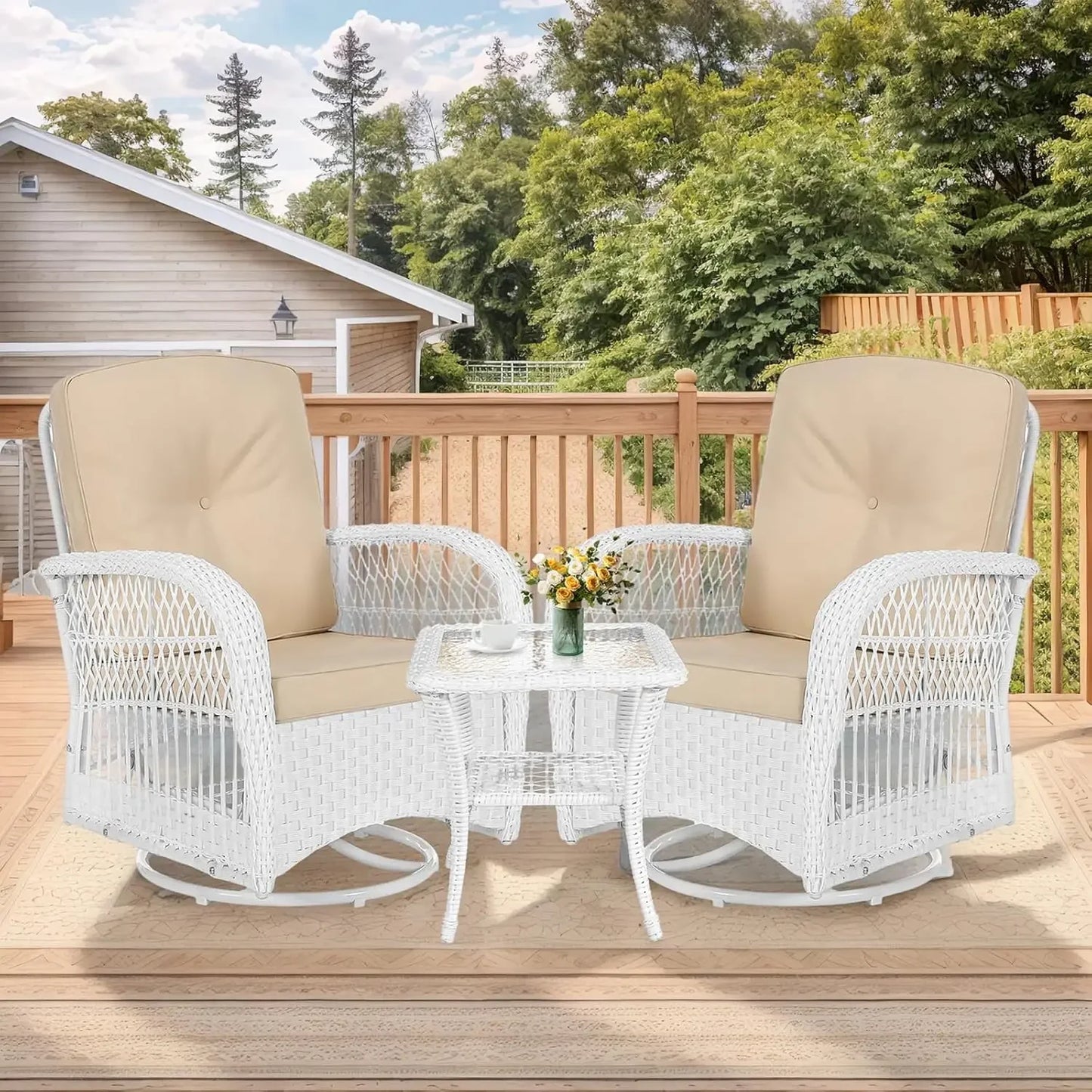 Outdoor Wicker Swivel Rocker Patio Set With Thick Cushions