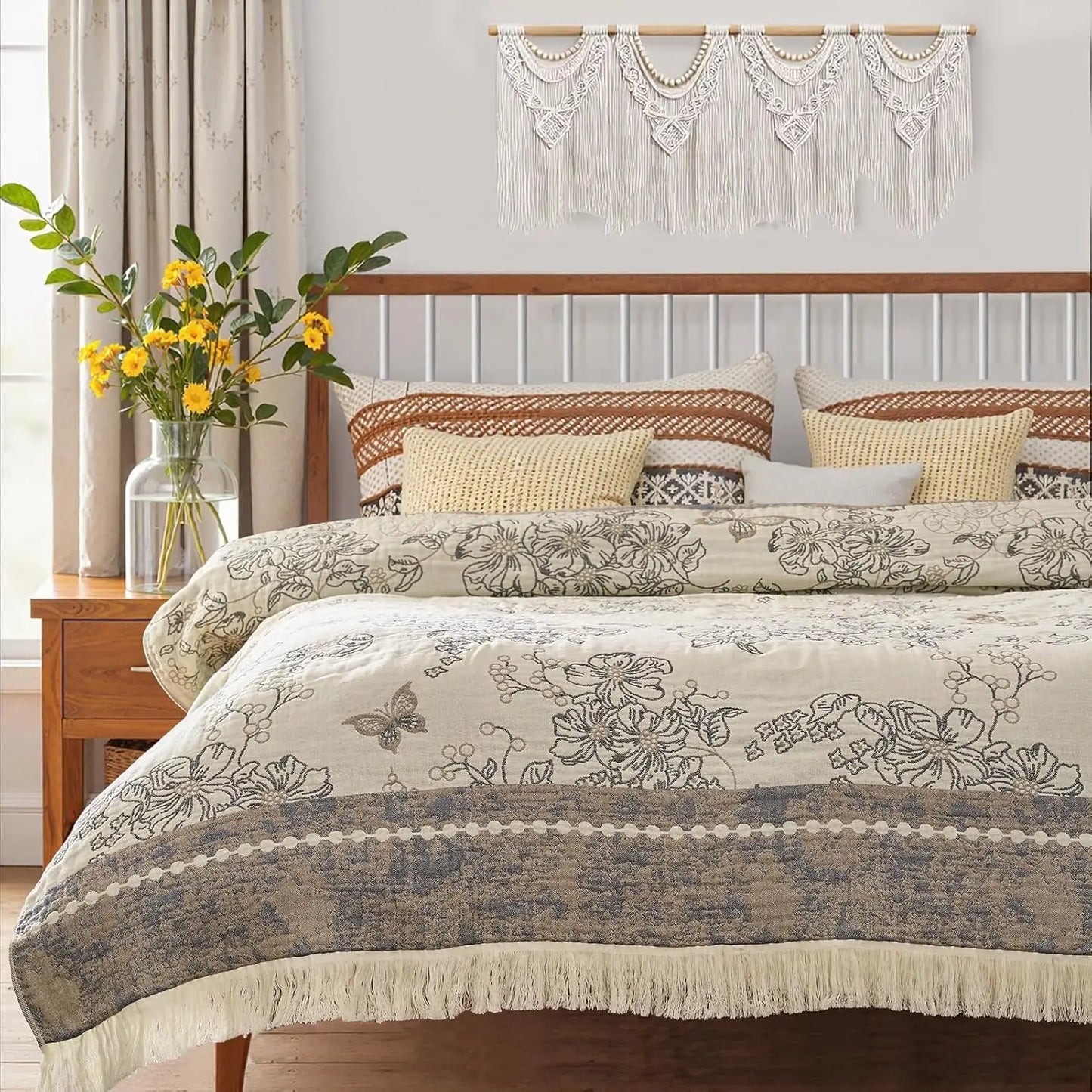 Acrylic Throw Blanket With Tassels And Floral Design