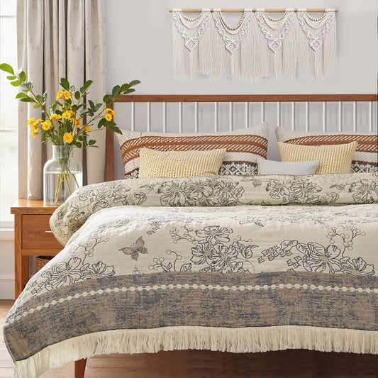 Acrylic Throw Blanket With Tassels And Floral Design