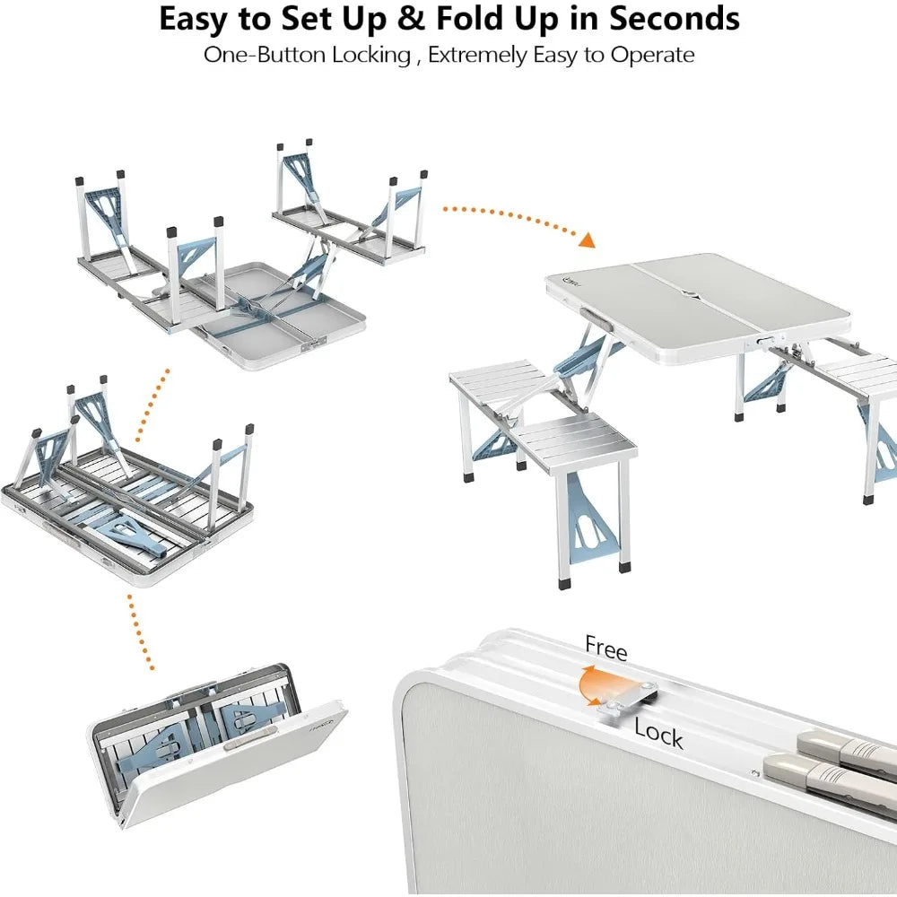 4Ft Folding Camping Picnic Table with Seats/Umbrella Hole-265 Lbs Support That Lightweight and Fold Up Card Suitcase Table Alum