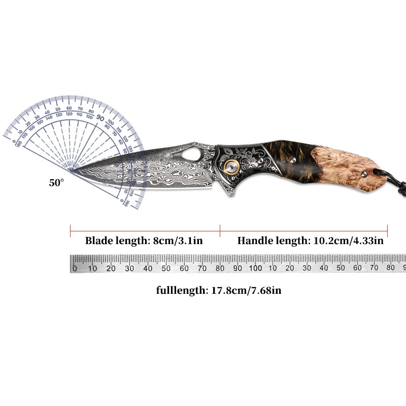 NONEDIY Damascus Steel Pocket Knife With Wood Handle