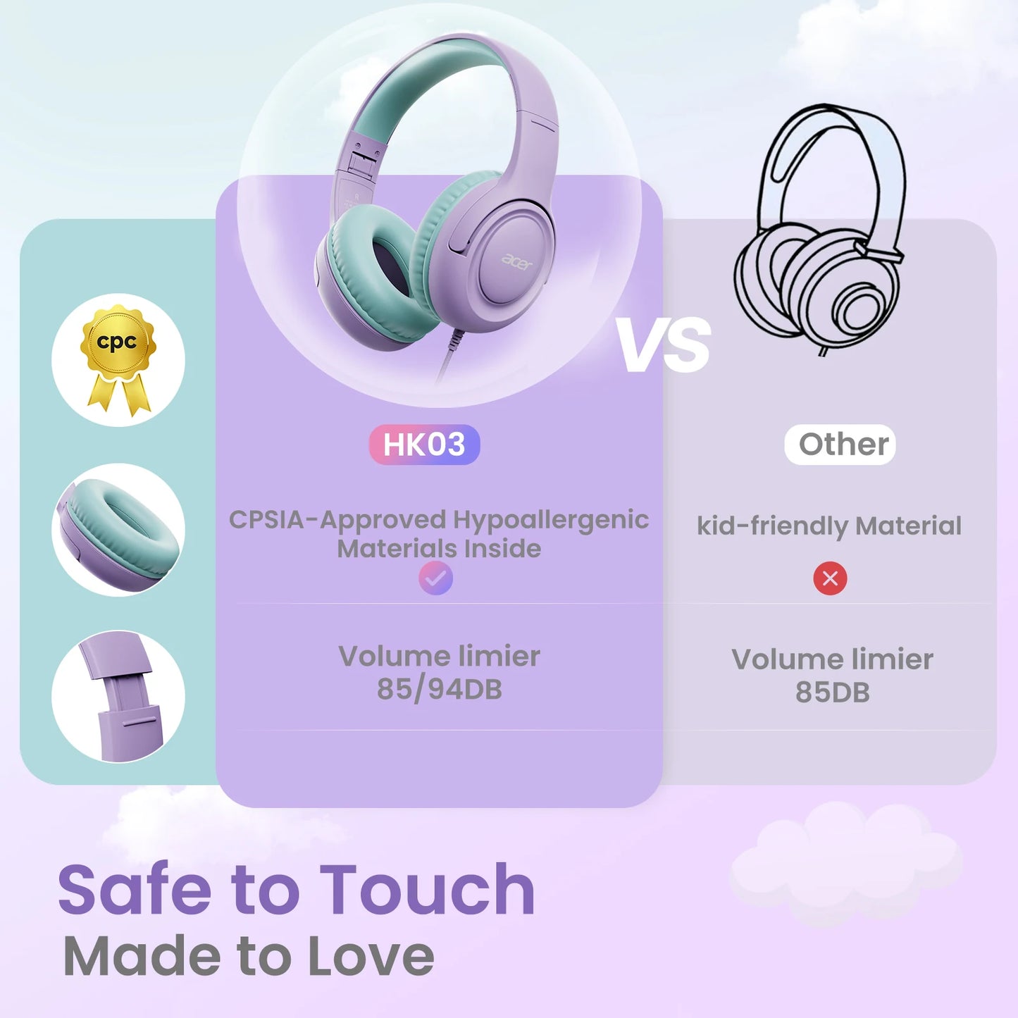 Acer Kids Wired Headphones With Volume Limiter For School