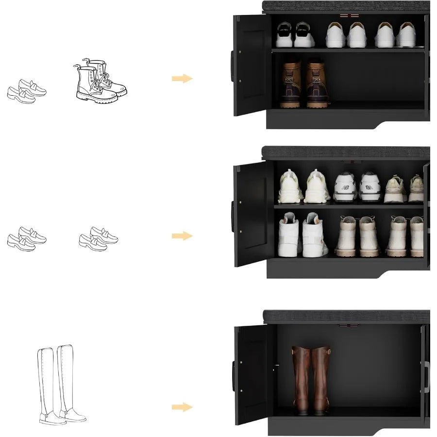 Two Tier Storage Bench With Cushioned Seat And Barn Doors