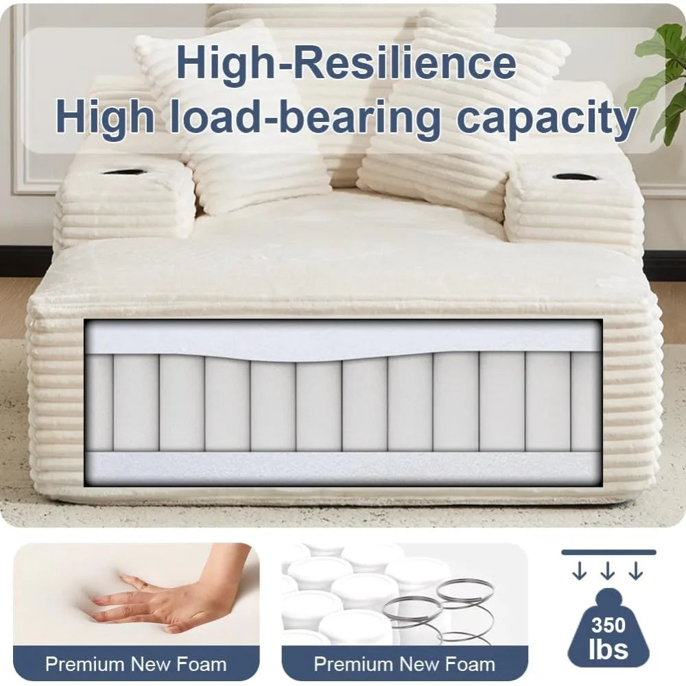 Oversized Chaise Lounge Sofa Chair Indoor, Modern Corduroy Single Sleeper Couch Chair with 3 Soft Pillows and Cup Holder