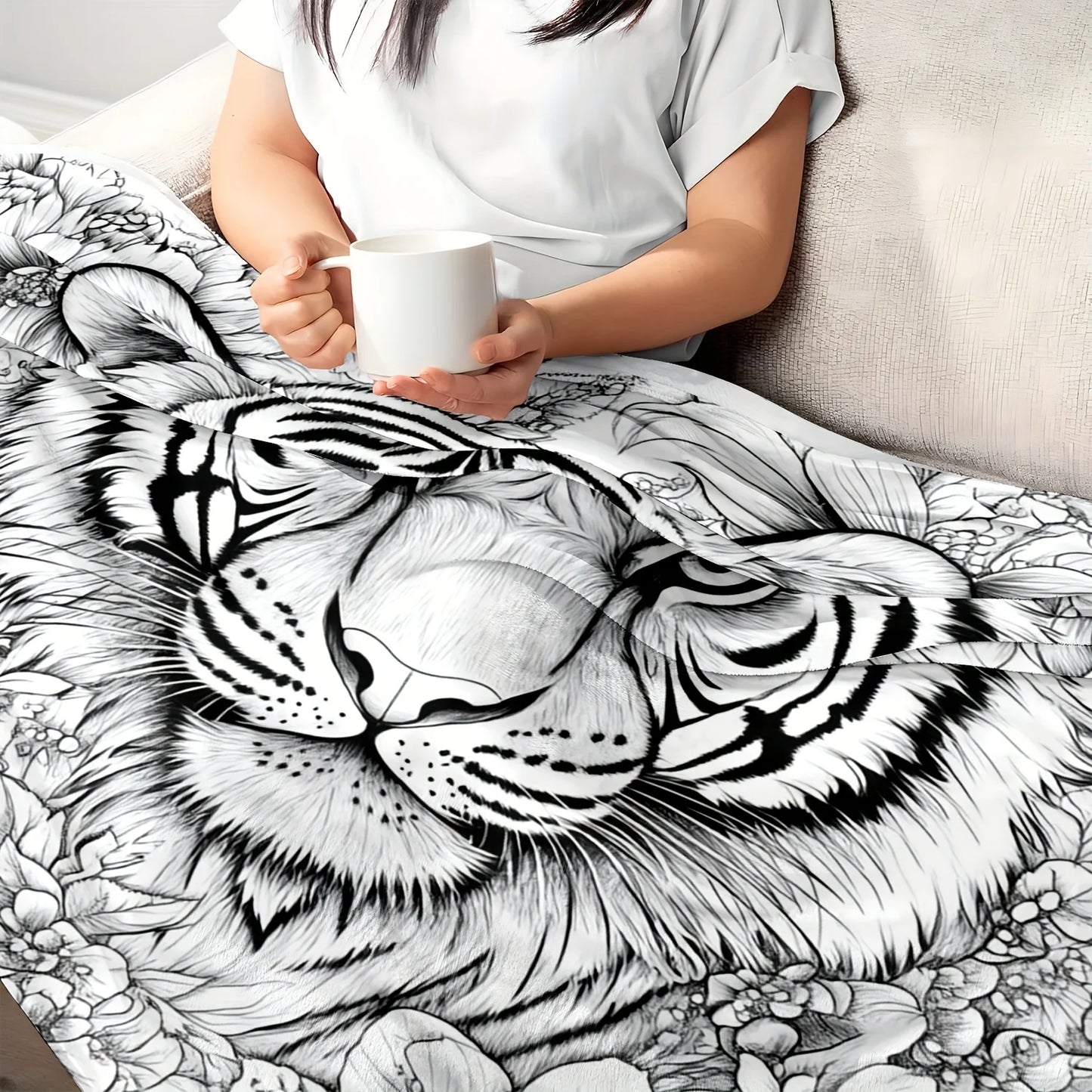 Tiger Floral Coloring Flannel Blanket All Season Bedspread Sofa