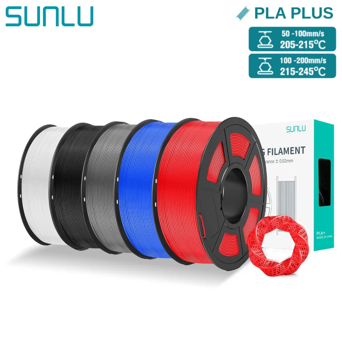 SUNLU 5KG PLA/ PLA Plus Filaments 5 Rolls 3D Filament 1KG/roll 1.75mm 100% Filament Lines Up Neatly For 3D Printing From EU US