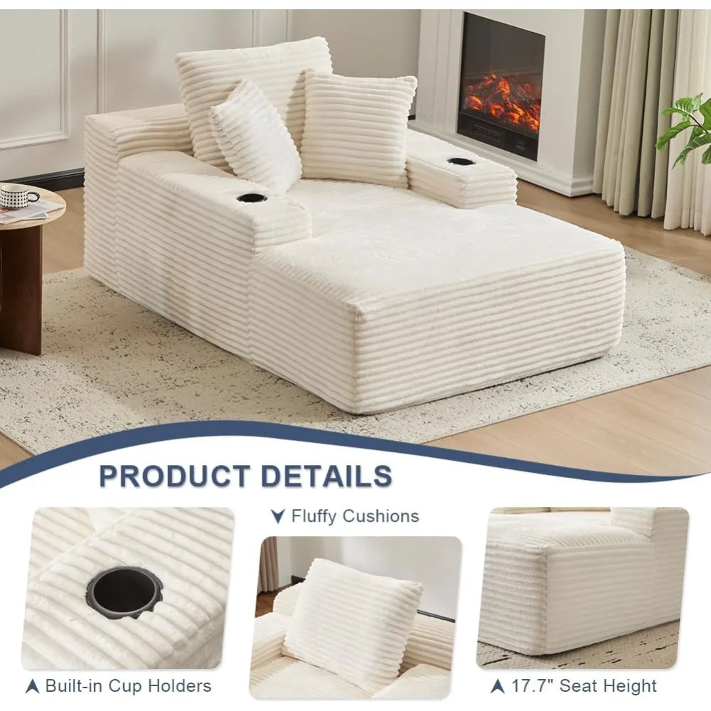 Oversized Chaise Lounge Sofa Chair Indoor, Modern Corduroy Single Sleeper Couch Chair with 3 Soft Pillows and Cup Holder
