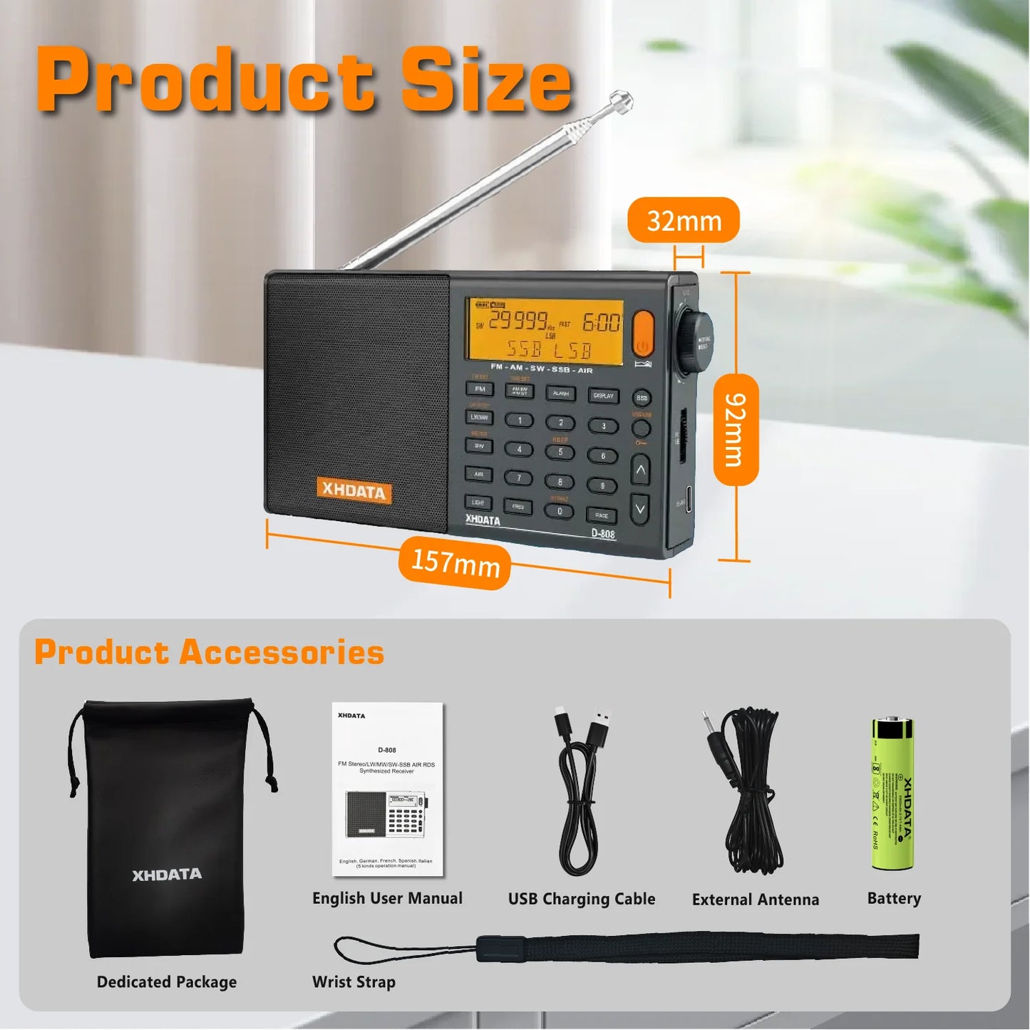 XHDATA D808 Multiband AM FM MW SSB RDS Portable Radio