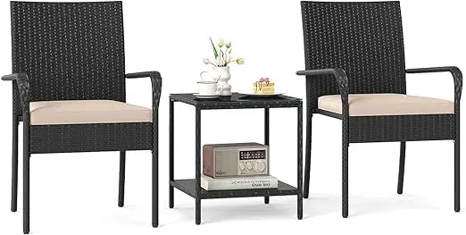 Three Piece Patio Rattan Conversation Set With Glass Table