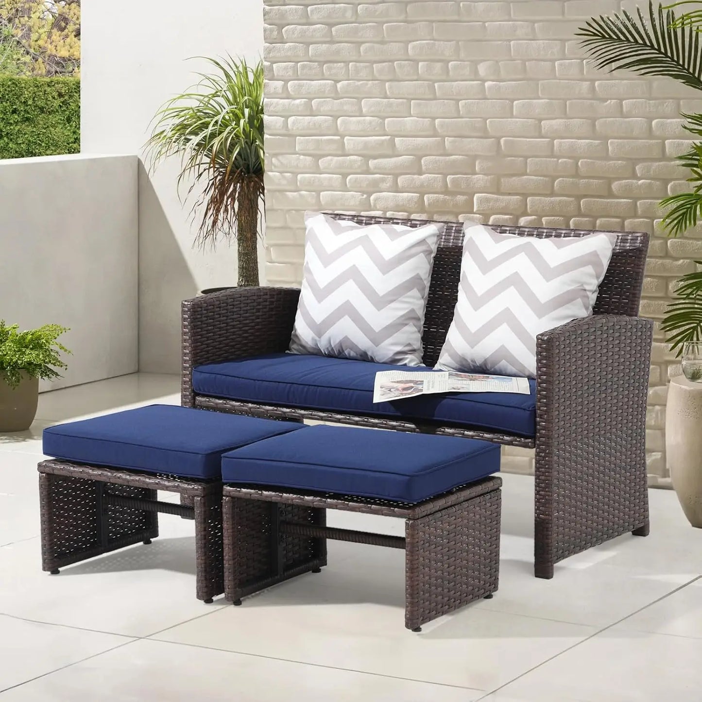 Outdoor 3 Piece Patio Conversation Set Wicker Loveseat Ottoman