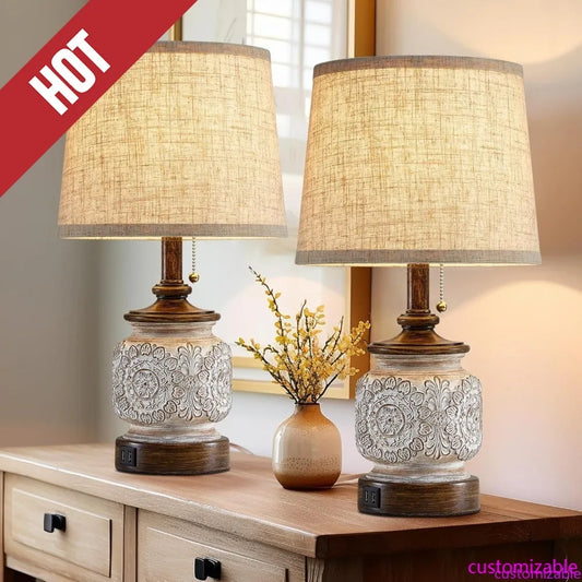 Farmhouse Bedside Table Lamps Set of 2 With USB Ports Vintage
