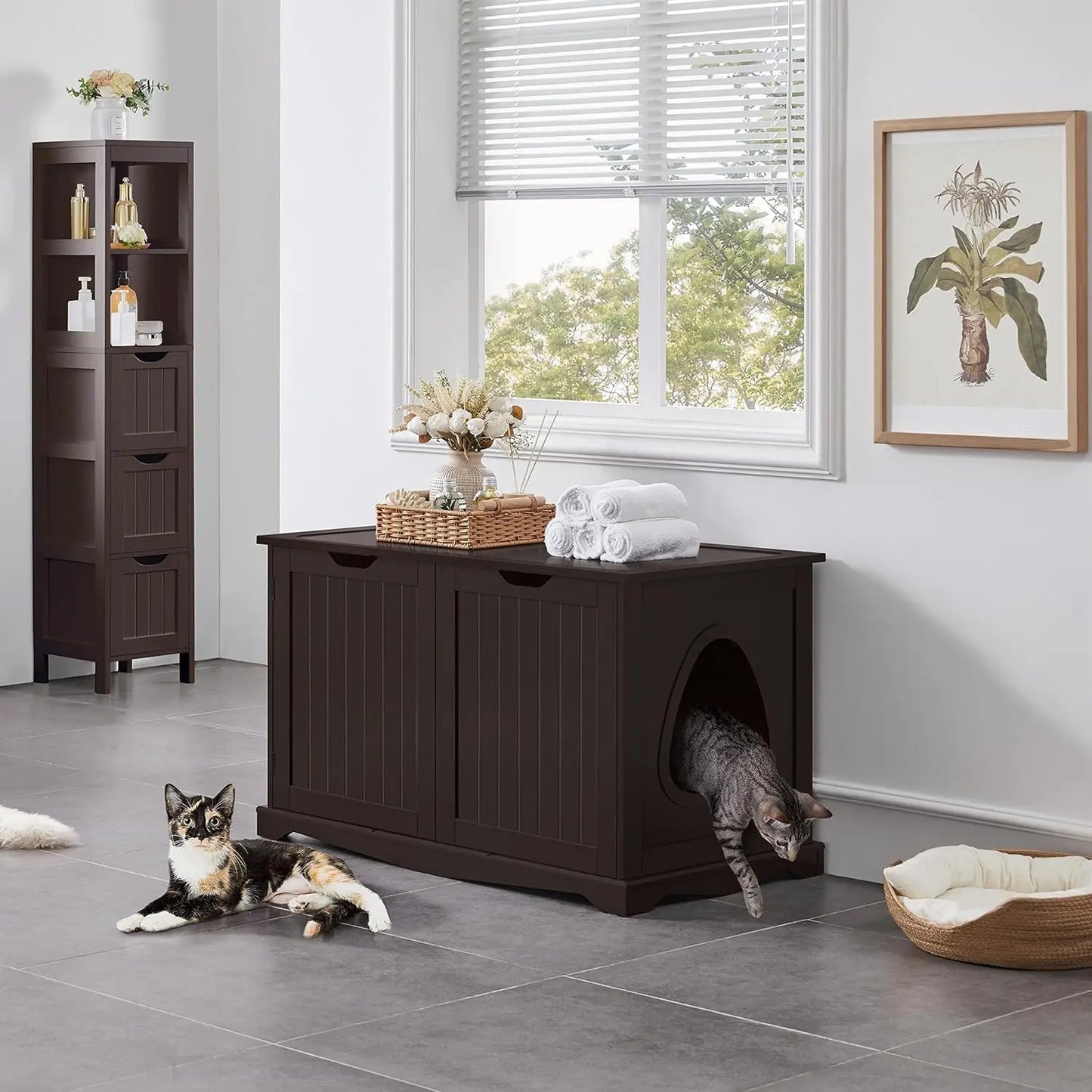 Hidden Cat Litter Box Enclosure, Wooden Pet Cabinet with Divider for Indoor Kitty Washroom Storage Bench in Espresso