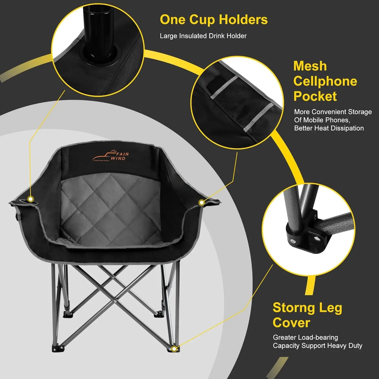 Oversized Padded Camping Chair Heavy Duty Quad Fold Portable Outdoor Support 450LBS Black