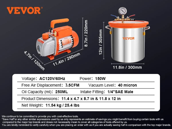 VEVOR Vacuum Chamber Pump Kit for Degassing and Stabilizing Epoxies