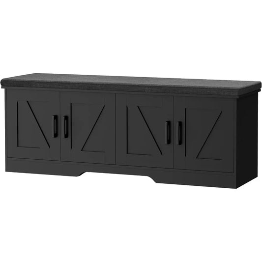 Two Tier Storage Bench With Cushioned Seat And Barn Doors