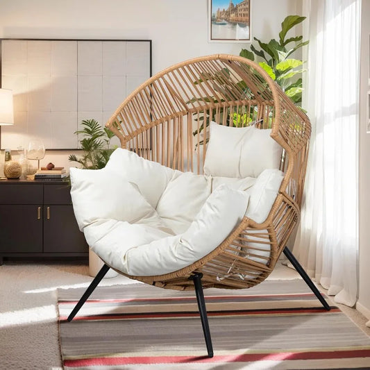 Outdoor Wicker Egg Chair PE Rattan Chair with Cushion, Oversized Patio Lounge Chair for Outdoor, Indoor, Balcony, Back