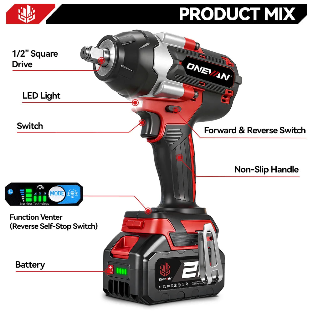 ONEVAN Brushless Electric Impact Wrench 1800 Nm Cordless Power Tool