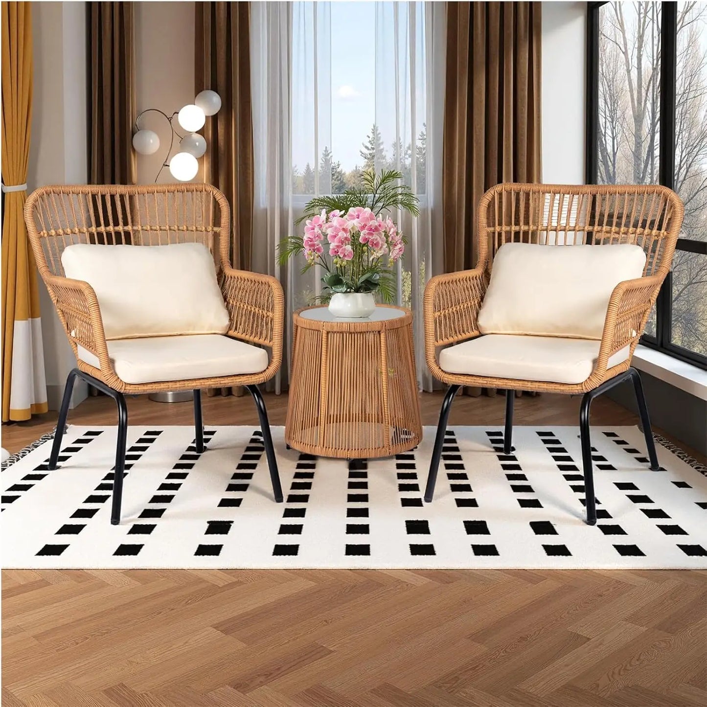 Outdoor Wicker Bistro Set With Glass Table And Two Chairs