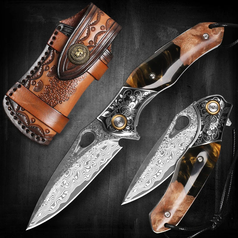 NONEDIY Damascus Steel Pocket Knife With Wood Handle