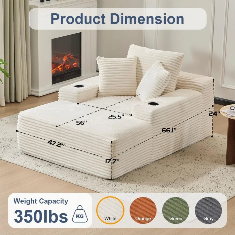 Oversized Chaise Lounge Sofa Chair Indoor, Modern Corduroy Single Sleeper Couch Chair with 3 Soft Pillows and Cup Holder