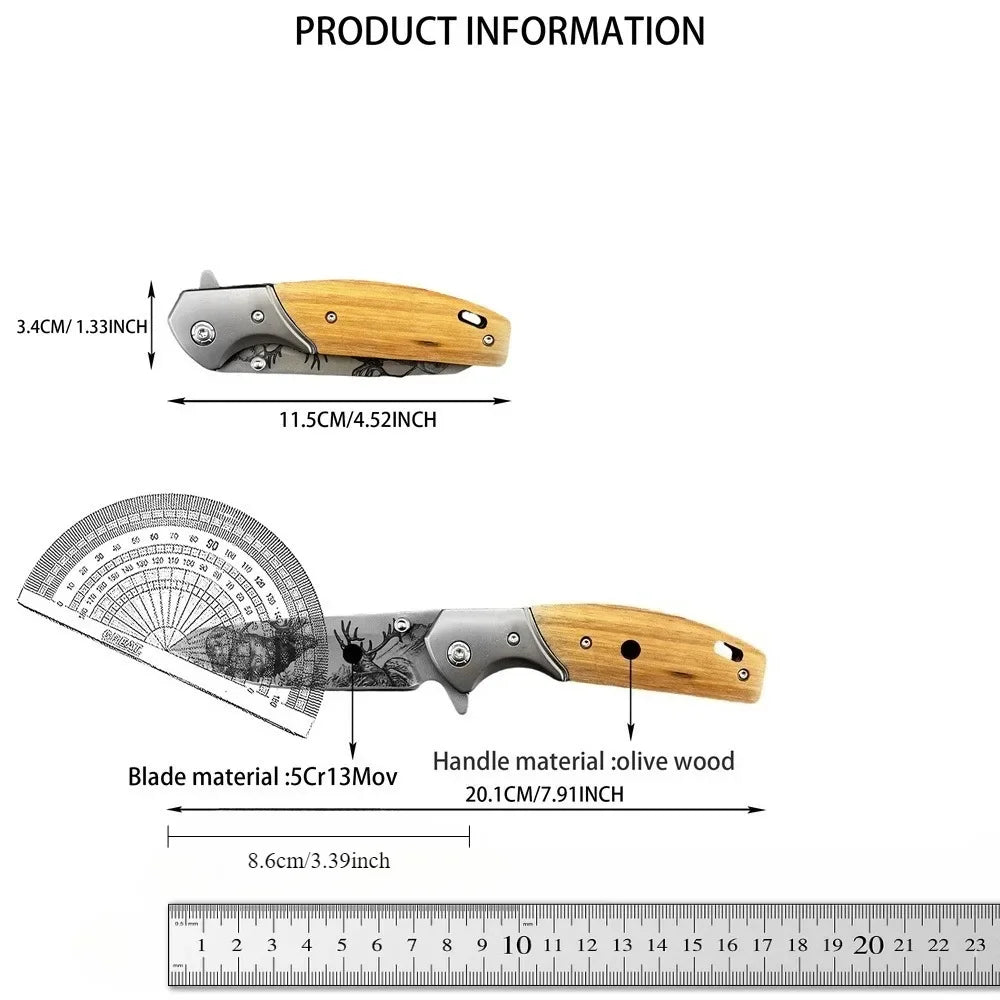 DIY Supplies Pocket Folding Knife 5Cr13Mov Olive Wood Handle EDC