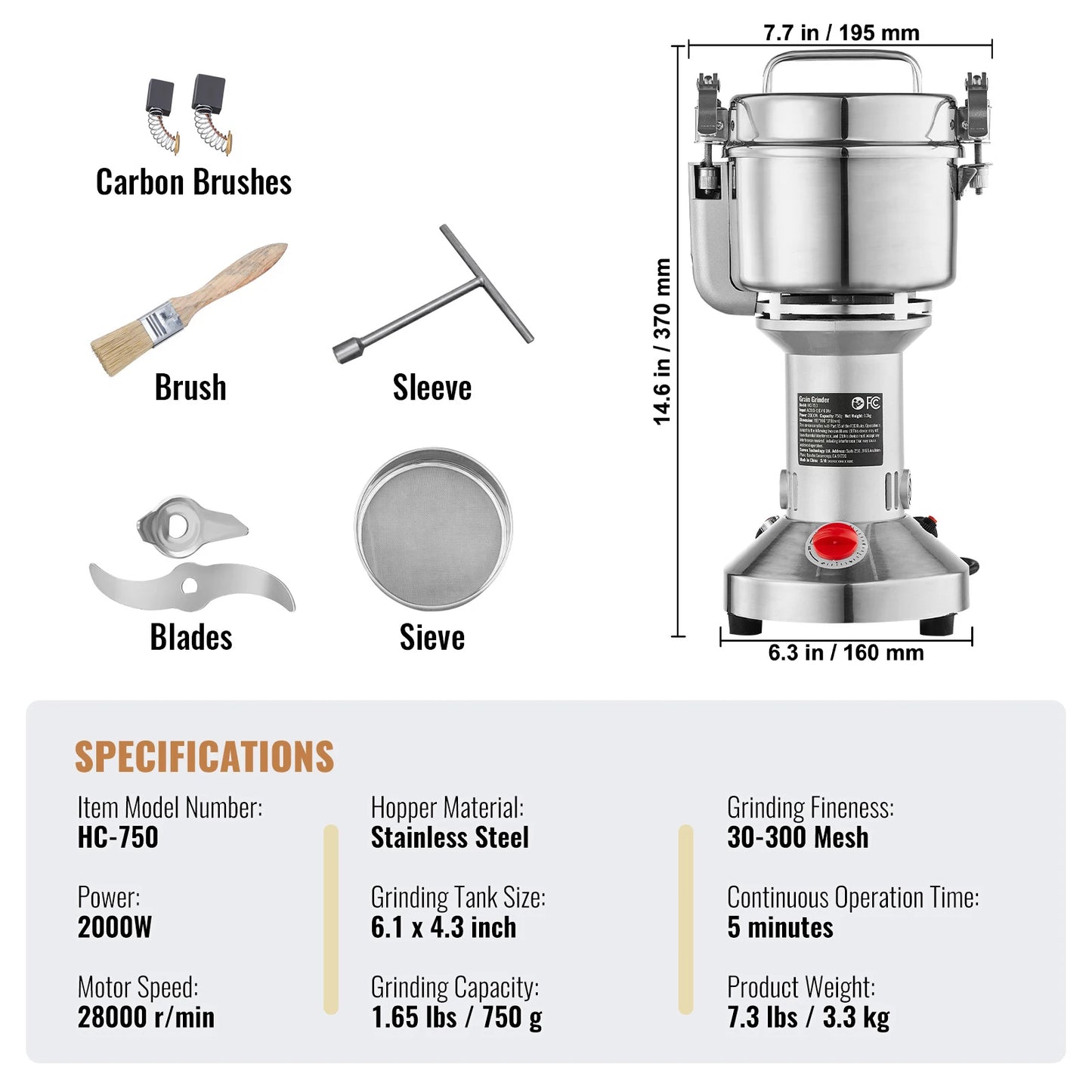 VEVOR Electric Grain Mill Grinder for Dry Herbs and Spices