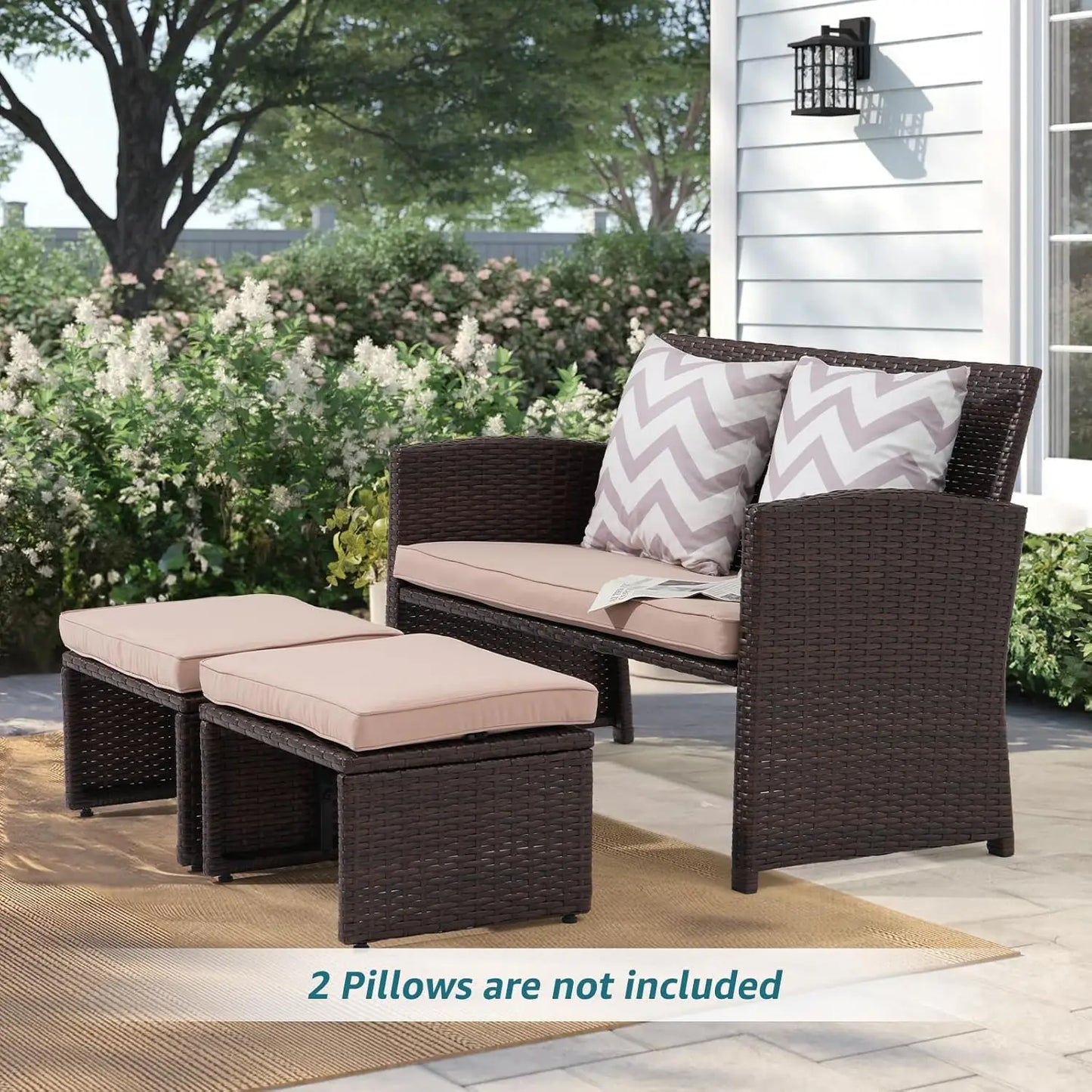 Outdoor 3 Piece Patio Conversation Set Wicker Loveseat Ottoman