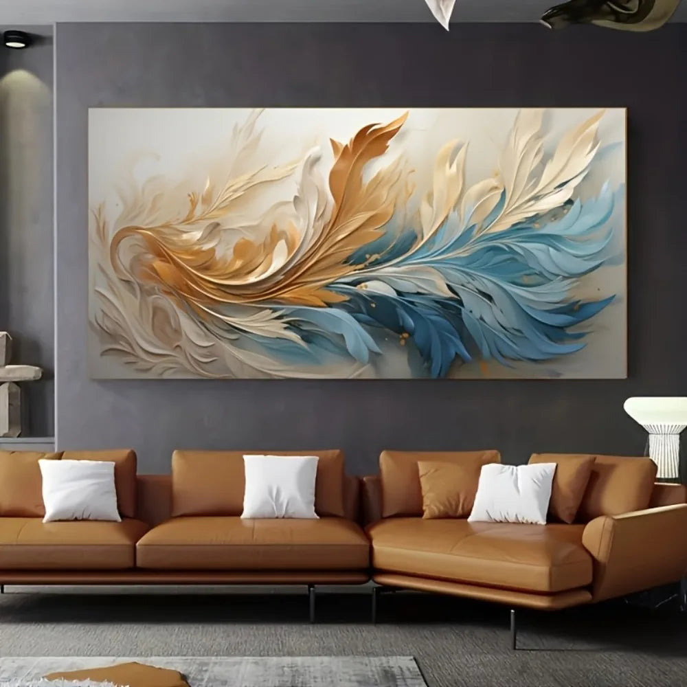 Modern Abstract Gold Feather Canvas Art With Pine Wood Frame