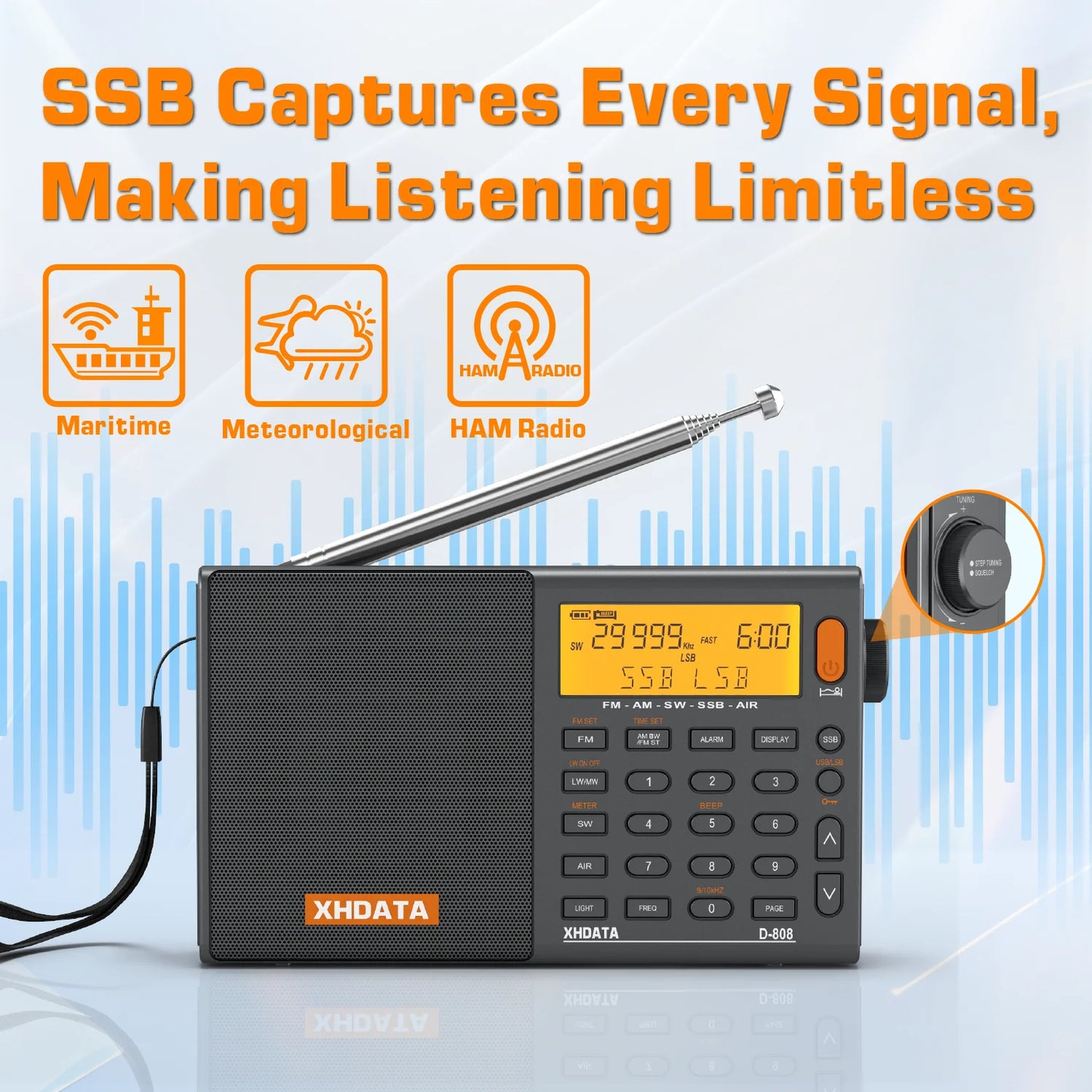 XHDATA D808 Multiband AM FM MW SSB RDS Portable Radio