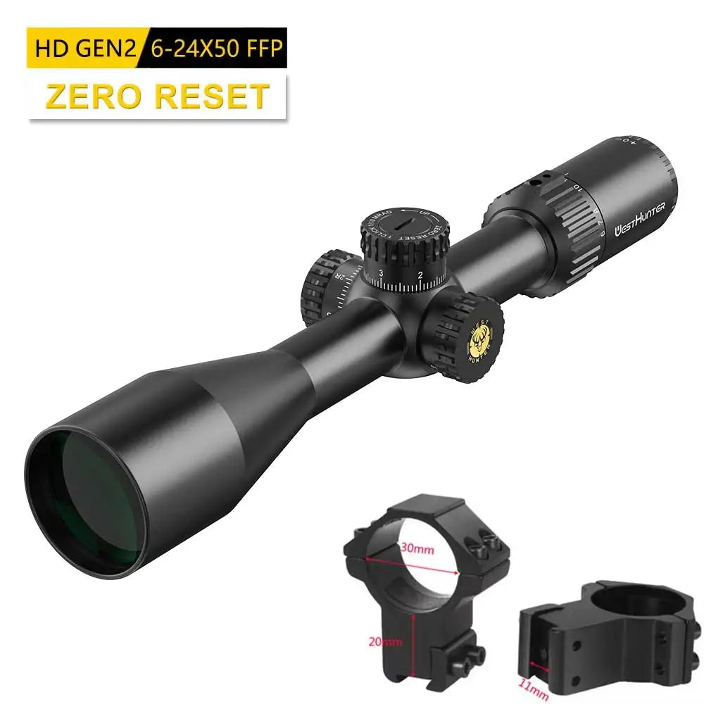 WestHunter HD GEN2 6-24X50 FFP Riflescope 1/10 MIL First Focal Plane Etched Glass Reticle Zero Reset/Zero Stop Optical Sight