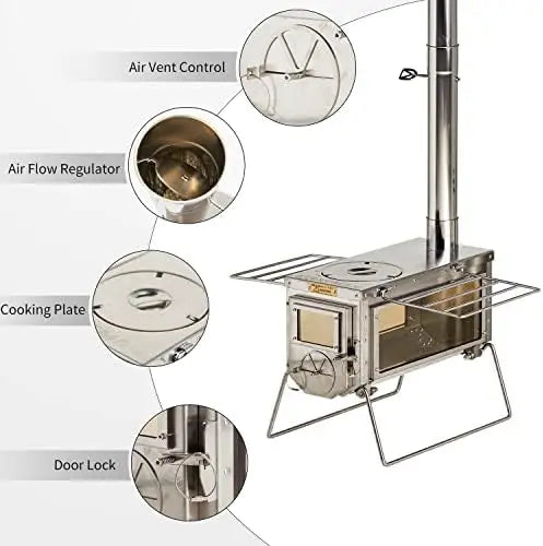 Portable Camping Tent Wood Stove With 6 Section Chimney Pipes