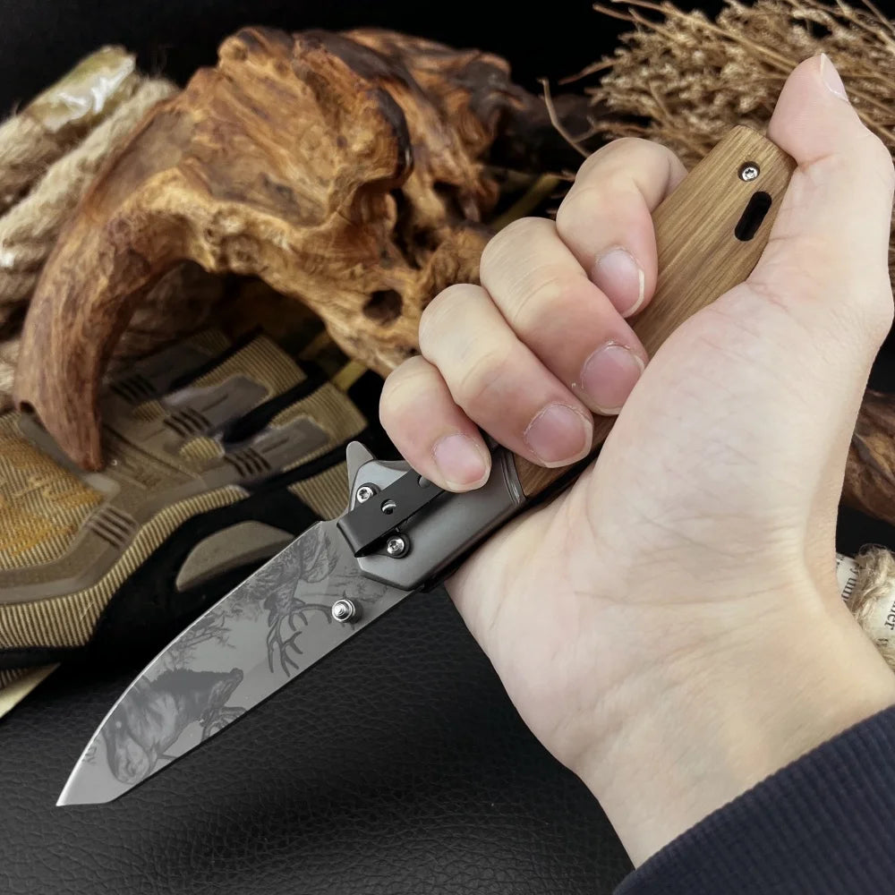DIY Supplies Pocket Folding Knife 5Cr13Mov Olive Wood Handle EDC