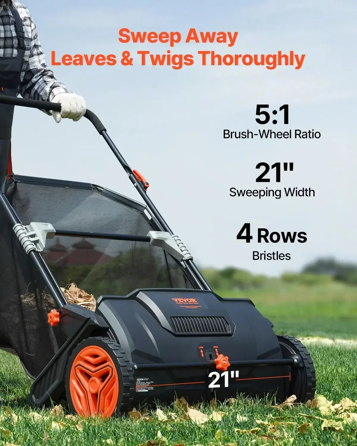 Push Lawn Sweeper With Large Capacity Leaf And Grass Collection