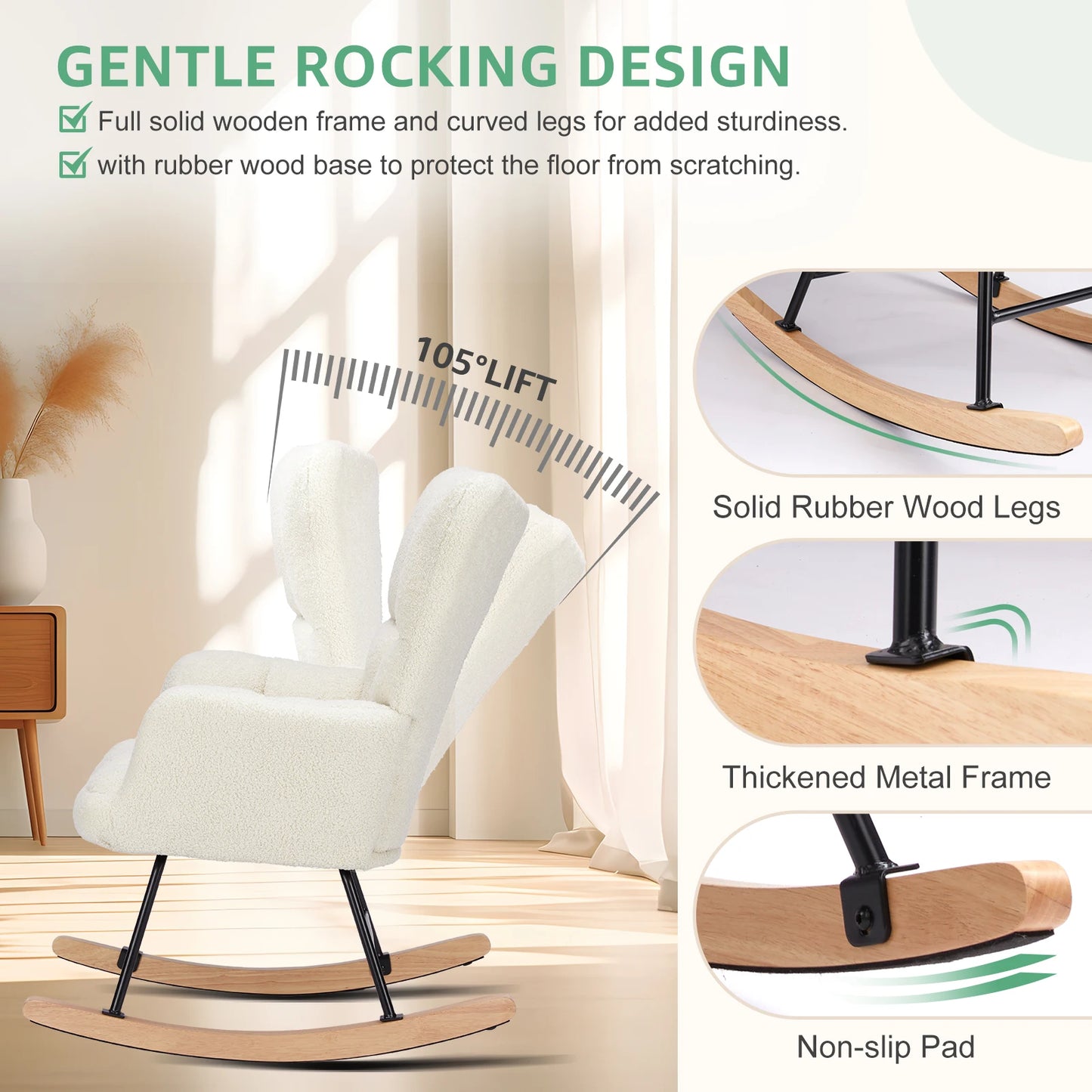 JHK Teddy Fabric Upholstered Glider With High Backrest Rocker