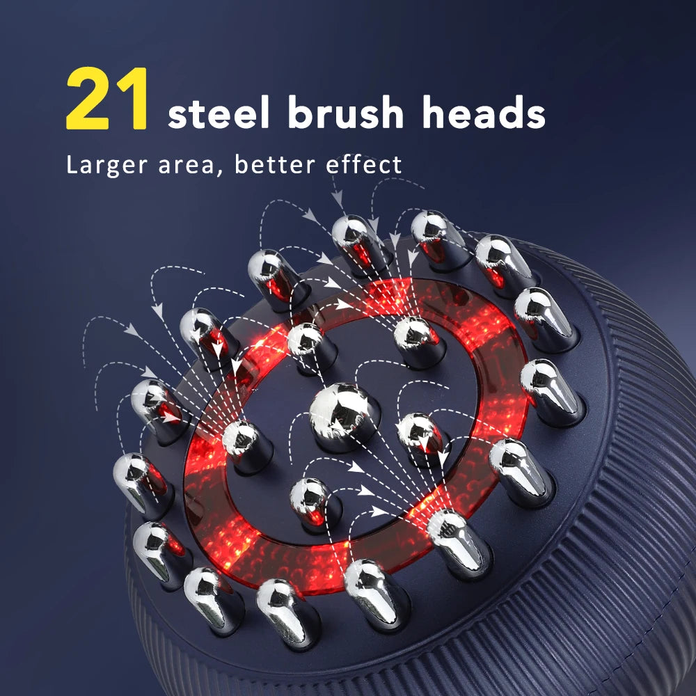 3-in-1 Meridian Brush Massager with Infrared Light Hot Compress 9-Level Vibration 21 Steel Brush Head Timer Home Office Travel