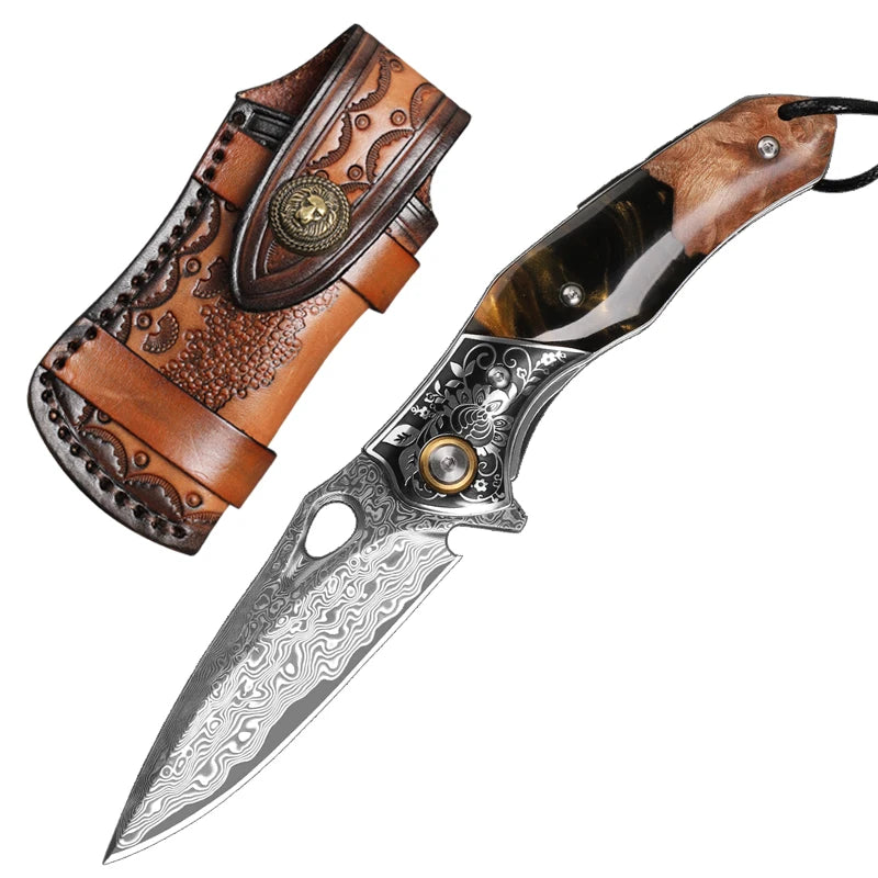 NONEDIY Damascus Steel Pocket Knife With Wood Handle