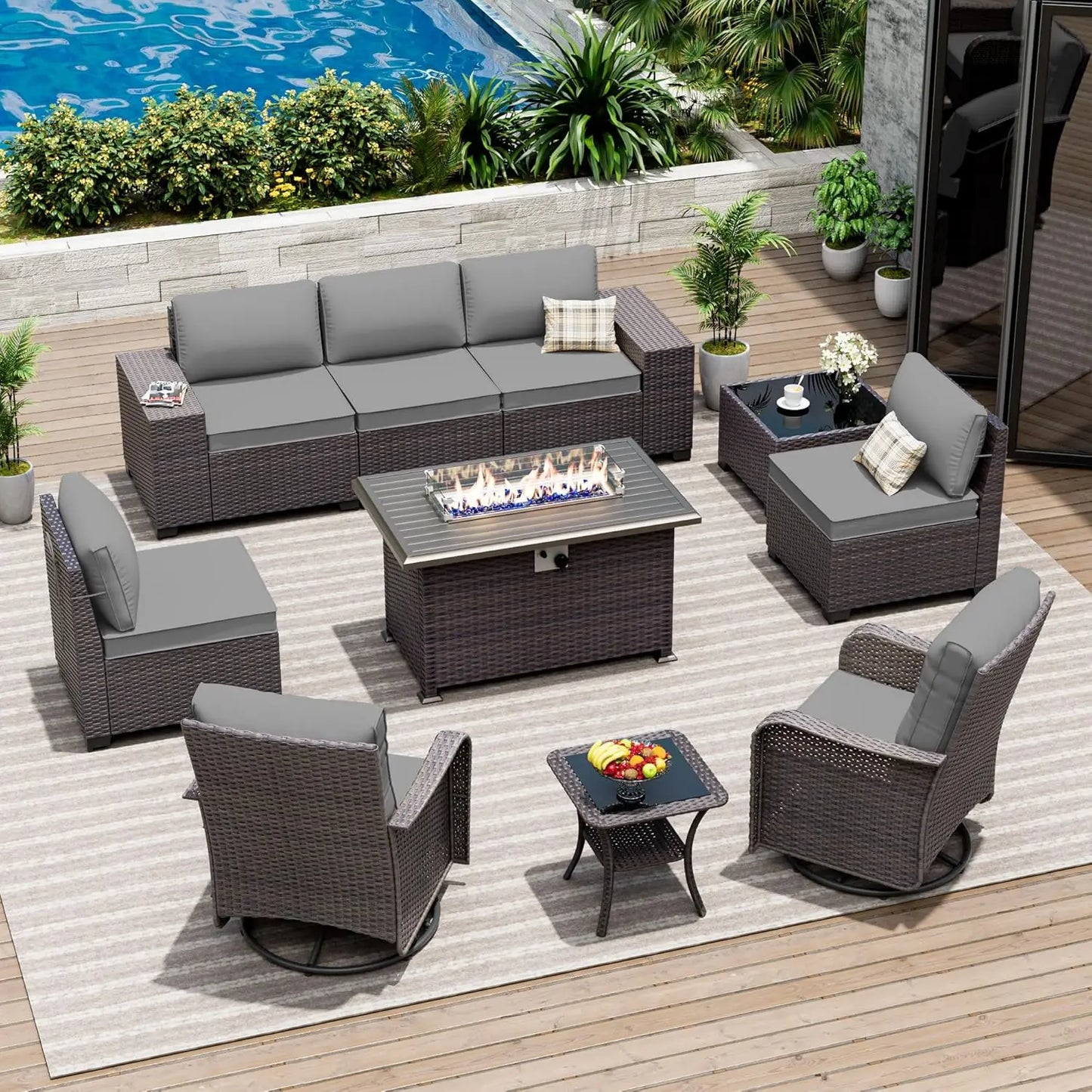 Patio Furniture Set with Swivel Chairs and Gas Fire Pit