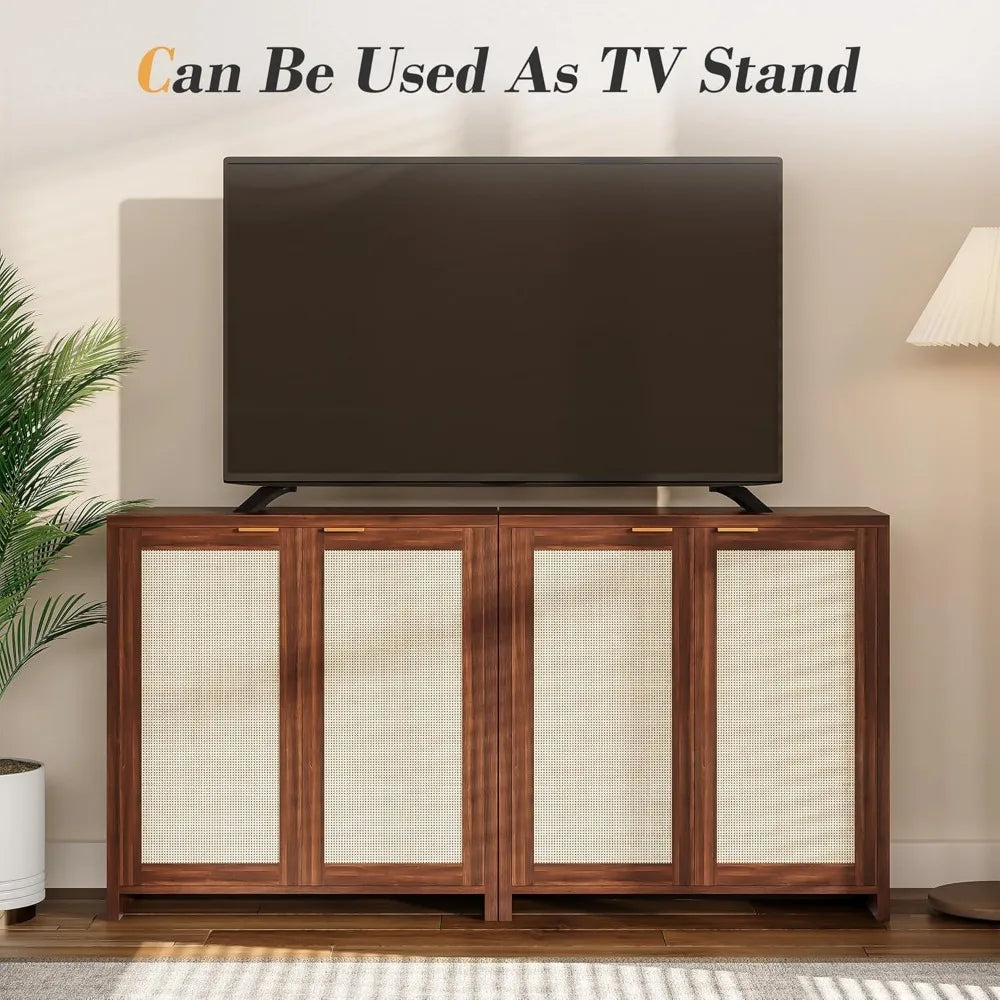 Rattan Storage Sideboard Buffet Cabinet With 4 Doors Farmhouse Console